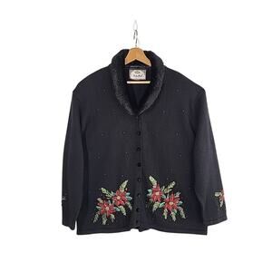 VTG Tiara Beaded Cardigan Sweater 2X Black Christmas Poinsettia Faux Fur Collar‎